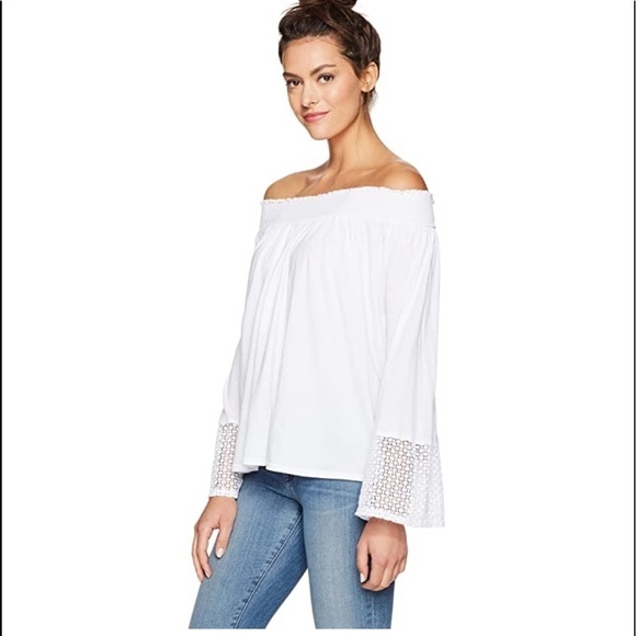 Three Dots Women's Trellis Lace Peasant Top white off shoulder soft stretchy - Picture 2 of 11